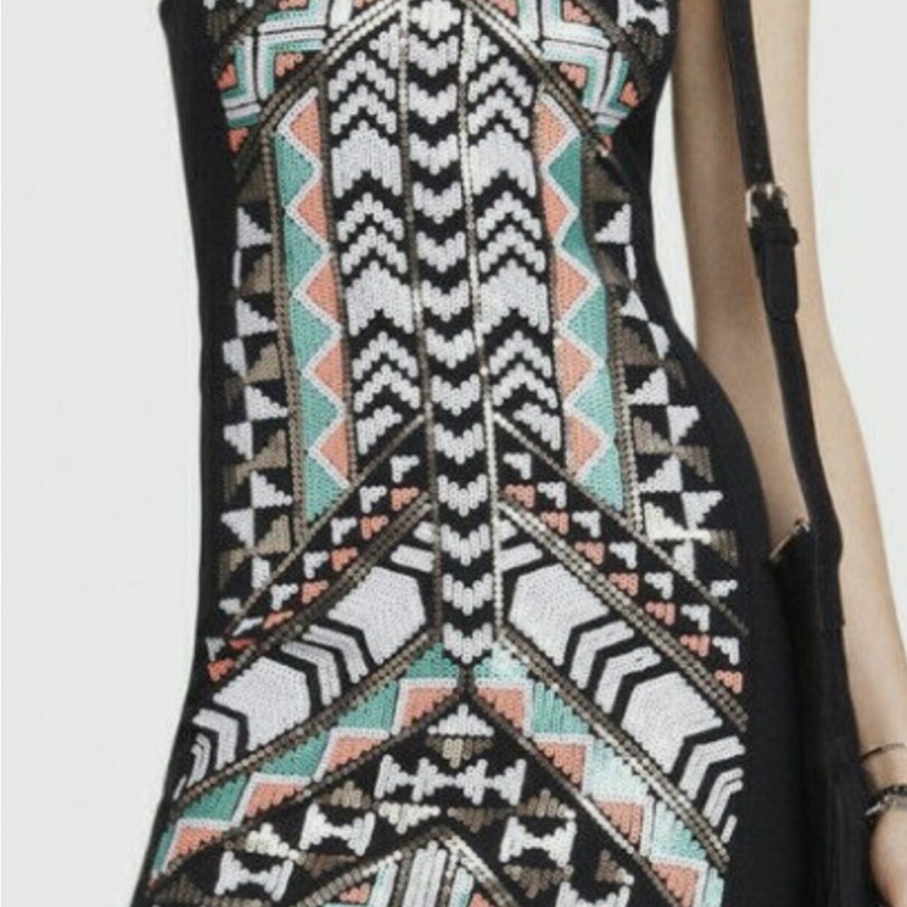 Express One Shoulder Black Dress with Geometric Pattern